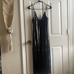 Black sequin dress with flapper fringe